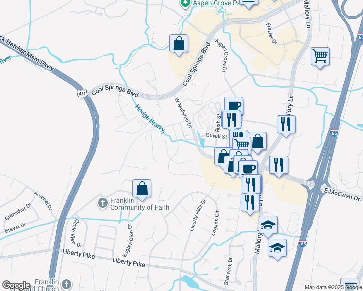 map of restaurants, bars, coffee shops, grocery stores, and more near 116 Richard Glens Drive in Franklin
