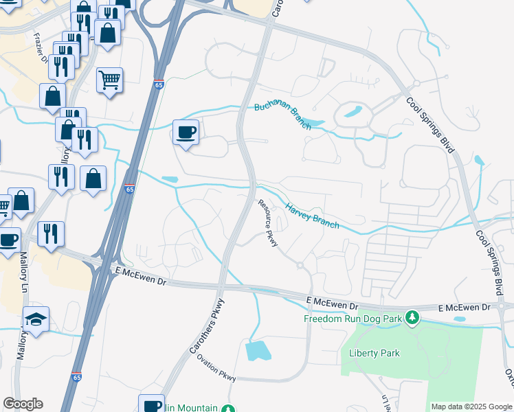 map of restaurants, bars, coffee shops, grocery stores, and more near 200 Resource Parkway in Franklin