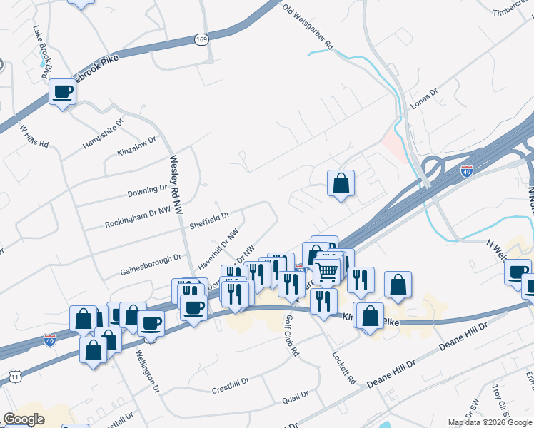 map of restaurants, bars, coffee shops, grocery stores, and more near 6808 Sheffield Drive in Knoxville