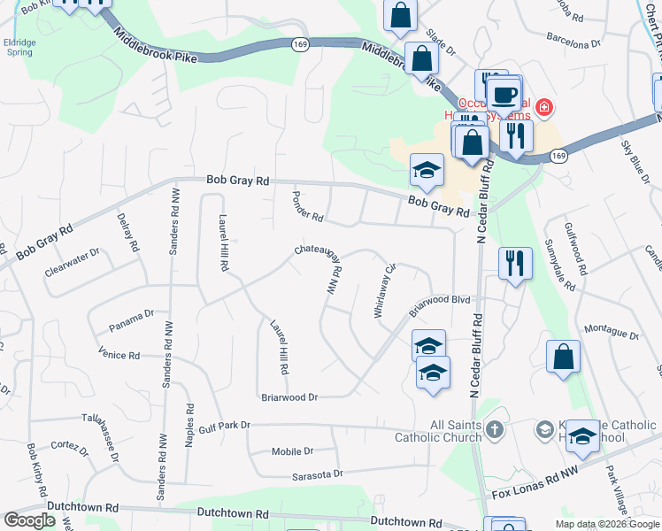 map of restaurants, bars, coffee shops, grocery stores, and more near 817 Chateaugay Road Northwest in Knoxville