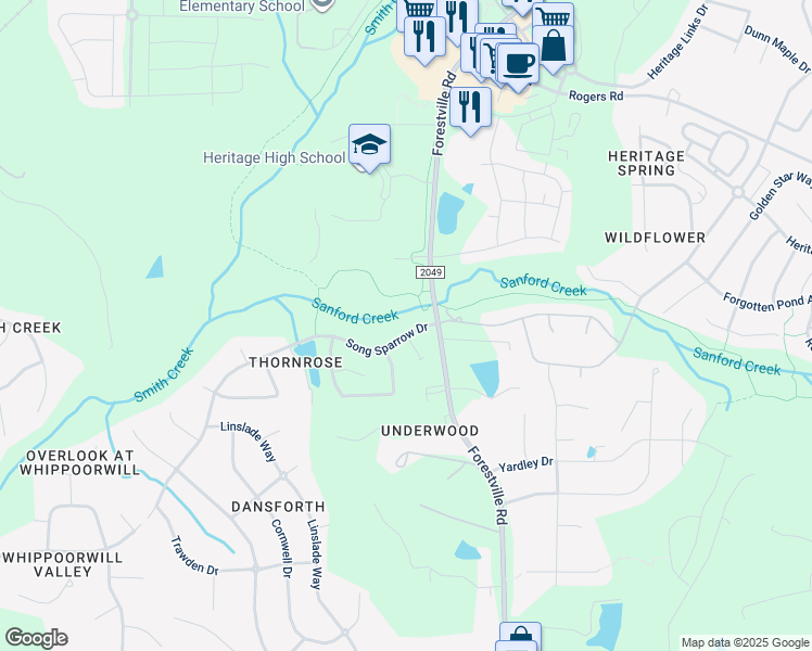 map of restaurants, bars, coffee shops, grocery stores, and more near 4021 Song Sparrow Drive in Wake Forest