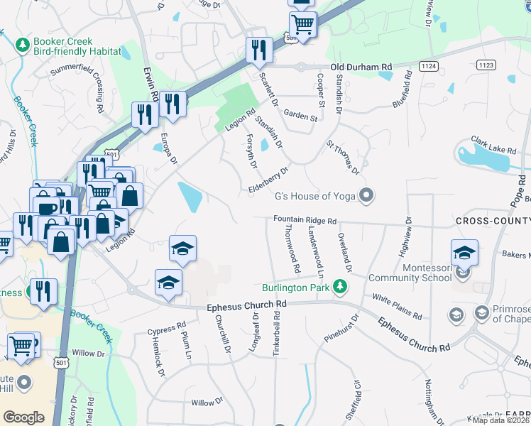 map of restaurants, bars, coffee shops, grocery stores, and more near 1541 Fountain Ridge Road in Chapel Hill