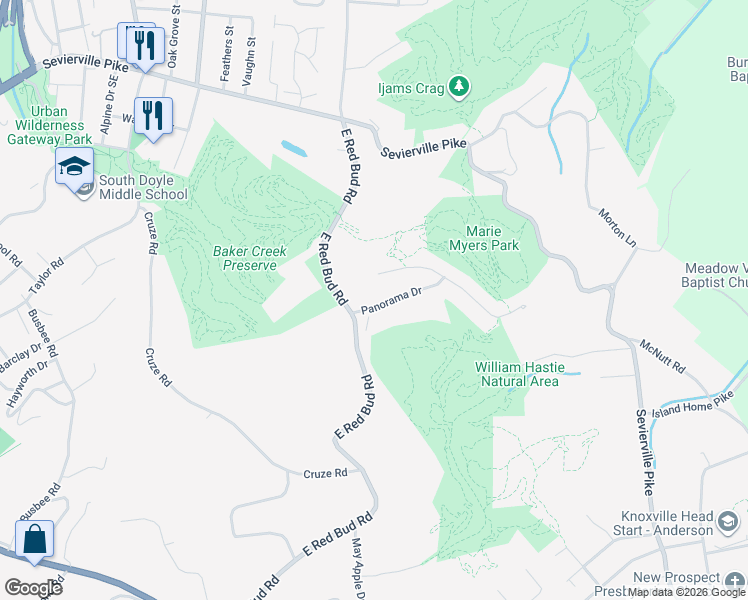 map of restaurants, bars, coffee shops, grocery stores, and more near 505 Panorama Drive in Knoxville