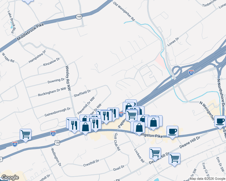 map of restaurants, bars, coffee shops, grocery stores, and more near 6814 Dorchester Drive Northwest in Knoxville