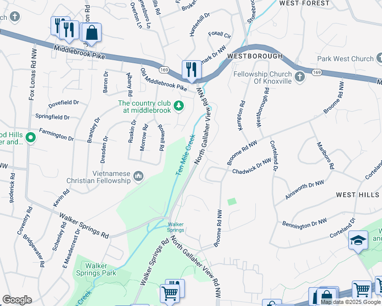 map of restaurants, bars, coffee shops, grocery stores, and more near 867 North Gallaher View Road Northwest in Knoxville
