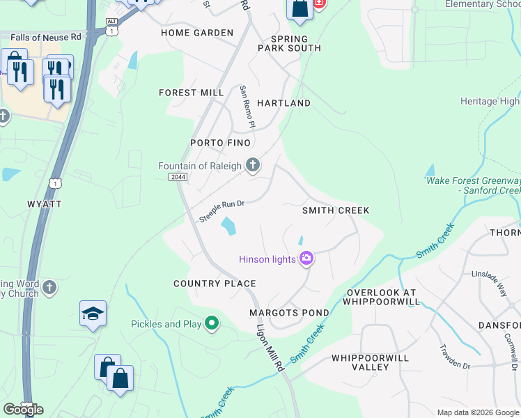 map of restaurants, bars, coffee shops, grocery stores, and more near 2824 Steeple Run Drive in Wake Forest