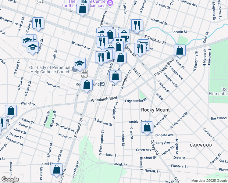 map of restaurants, bars, coffee shops, grocery stores, and more near 427 South Washington Street in Rocky Mount
