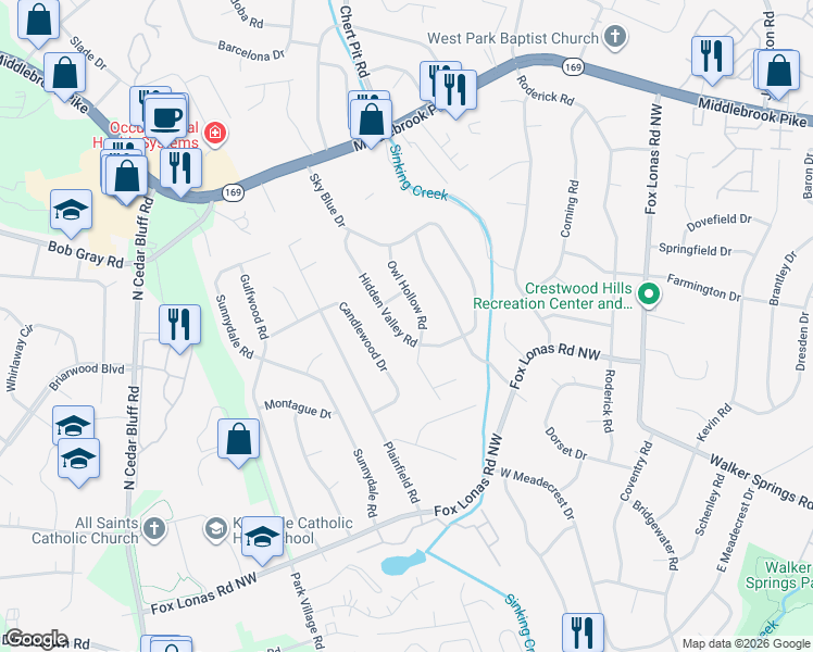map of restaurants, bars, coffee shops, grocery stores, and more near 724 Hidden Valley Road in Knoxville