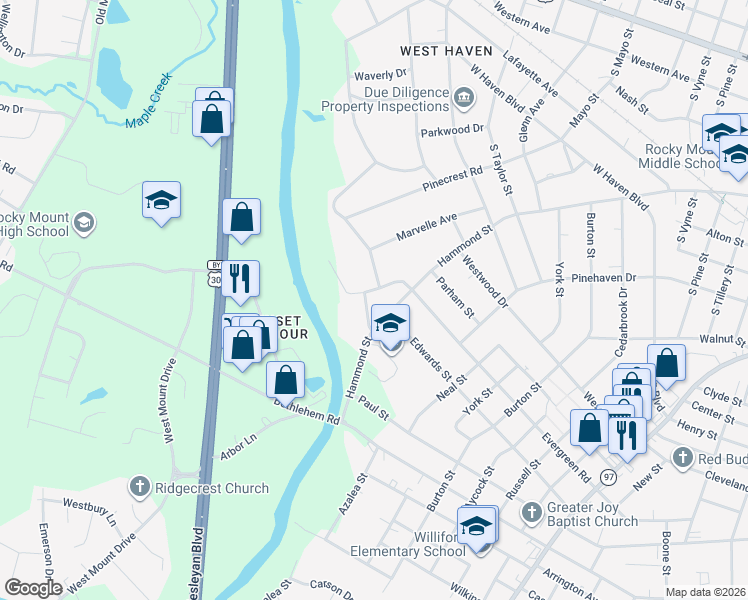 map of restaurants, bars, coffee shops, grocery stores, and more near 1703 Westover Court in Rocky Mount