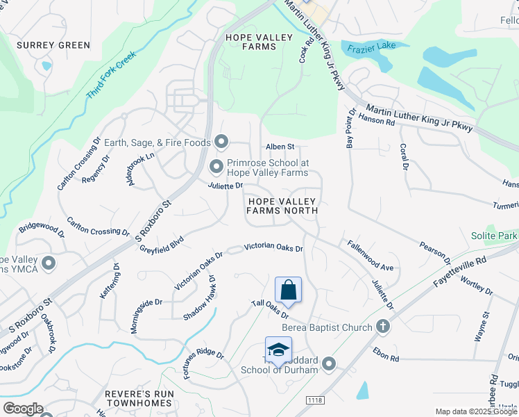 map of restaurants, bars, coffee shops, grocery stores, and more near 5007 Silhouette Drive in Durham