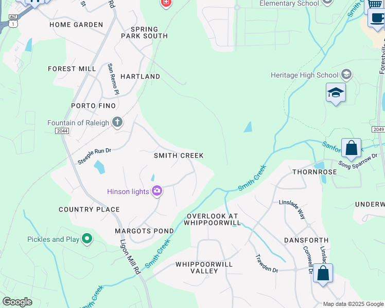 map of restaurants, bars, coffee shops, grocery stores, and more near 9520 White Carriage Drive in Wake Forest