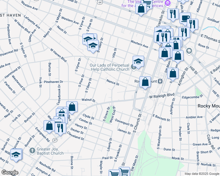 map of restaurants, bars, coffee shops, grocery stores, and more near 510 Buick Street in Rocky Mount