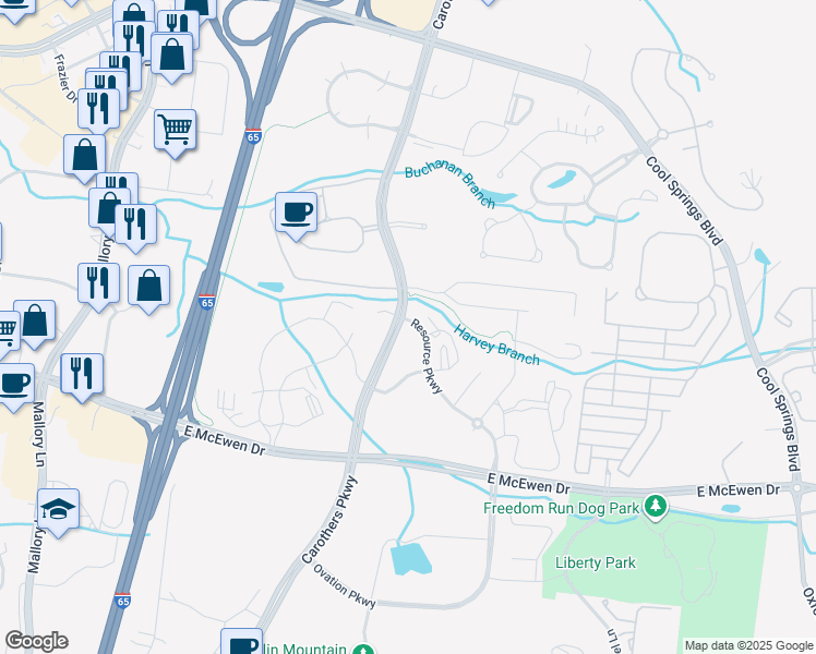 map of restaurants, bars, coffee shops, grocery stores, and more near 200 Resource Parkway in Franklin