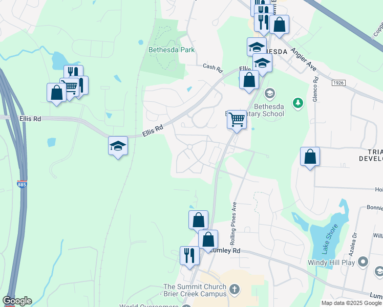 map of restaurants, bars, coffee shops, grocery stores, and more near 2300 South Miami Boulevard in Durham
