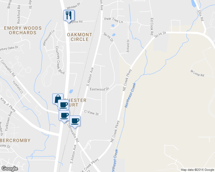 map of restaurants, bars, coffee shops, grocery stores, and more near 2005 Eastwood Drive in Durham
