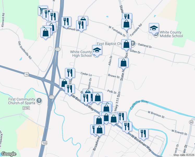 map of restaurants, bars, coffee shops, grocery stores, and more near 127 Pearson St in Sparta