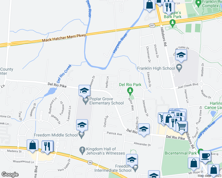 map of restaurants, bars, coffee shops, grocery stores, and more near Viola Lane in Franklin
