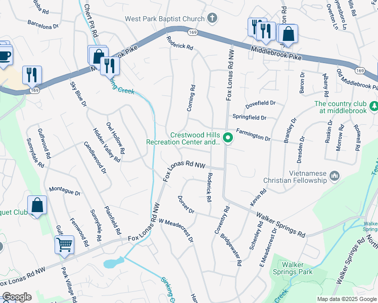 map of restaurants, bars, coffee shops, grocery stores, and more near 8816 Leyton Drive in Knoxville