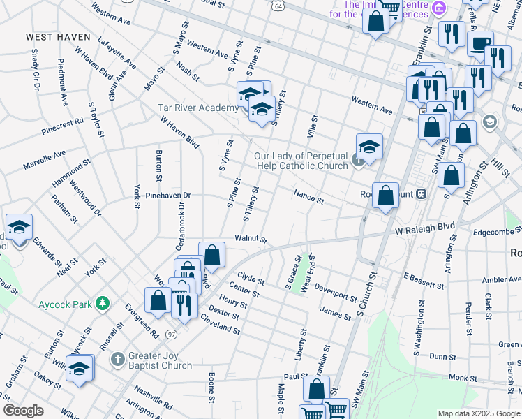 map of restaurants, bars, coffee shops, grocery stores, and more near 702 Pinehaven Drive in Rocky Mount