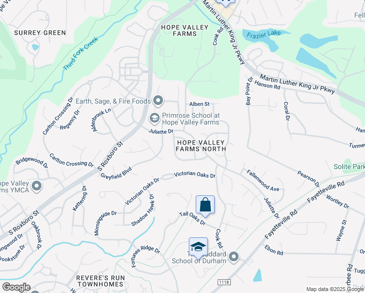 map of restaurants, bars, coffee shops, grocery stores, and more near 5007 Silhouette Drive in Durham