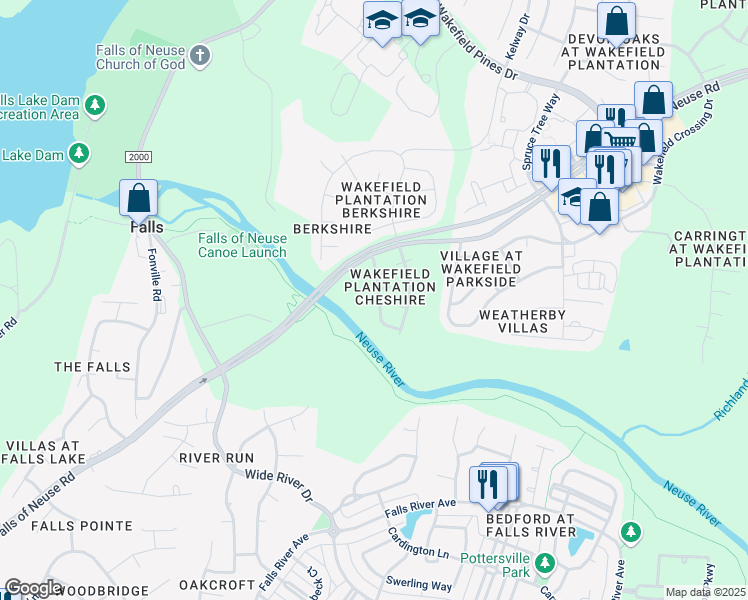 map of restaurants, bars, coffee shops, grocery stores, and more near 12537 Waterlow Park Lane in Raleigh