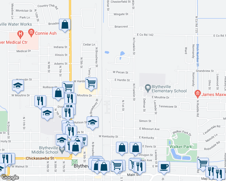 map of restaurants, bars, coffee shops, grocery stores, and more near 920 North 2nd Street in Blytheville
