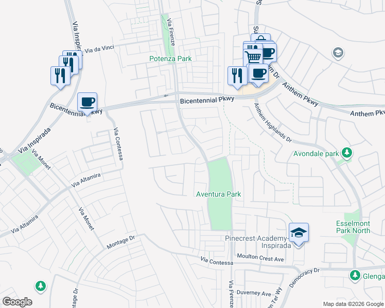 map of restaurants, bars, coffee shops, grocery stores, and more near 2527 Ballatore Street in Henderson
