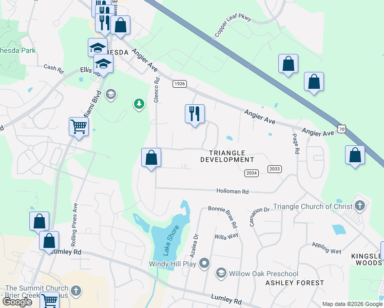 map of restaurants, bars, coffee shops, grocery stores, and more near 4412 Cottendale Drive in Durham