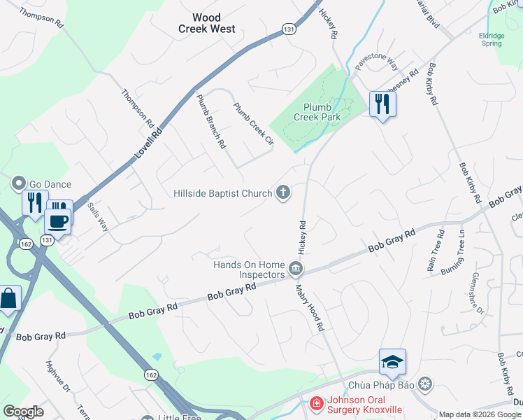 map of restaurants, bars, coffee shops, grocery stores, and more near 10332 Boston Lane in Knoxville