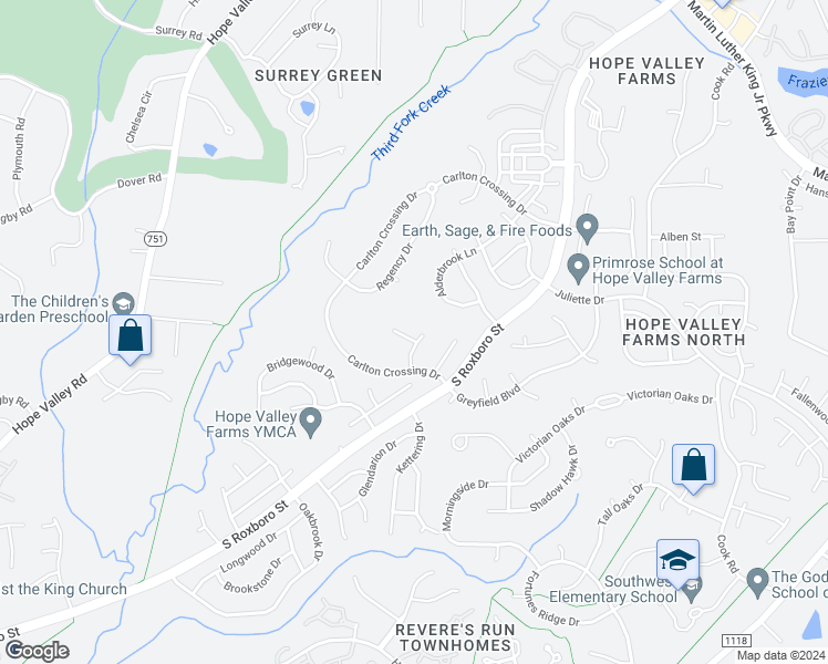 map of restaurants, bars, coffee shops, grocery stores, and more near 7 Wickersham Drive in Durham