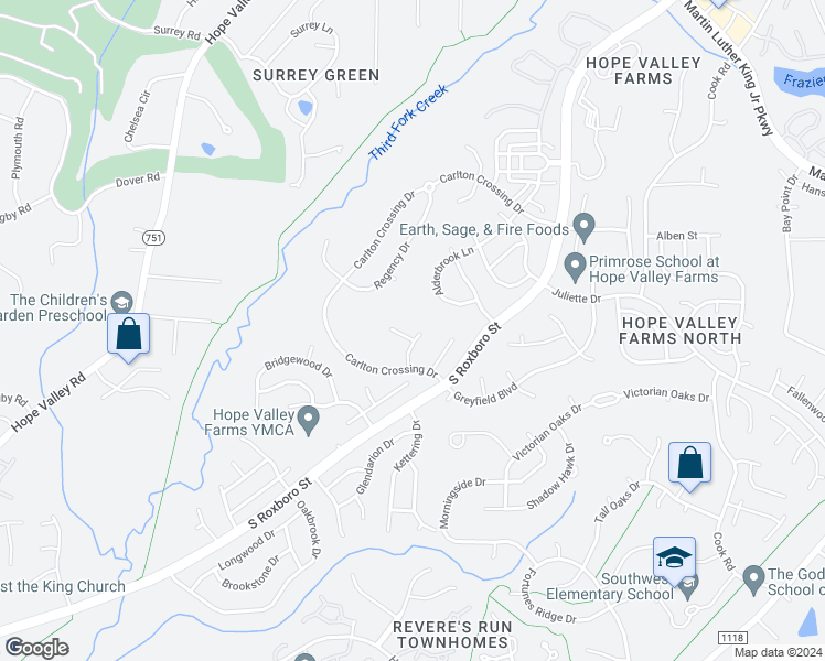 map of restaurants, bars, coffee shops, grocery stores, and more near 7 Wickersham Drive in Durham