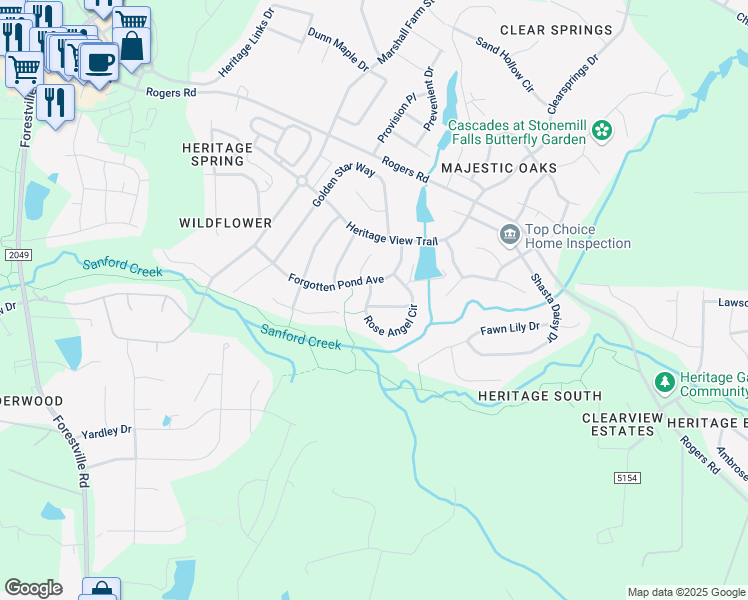 map of restaurants, bars, coffee shops, grocery stores, and more near 909 Rose Angel Circle in Wake Forest