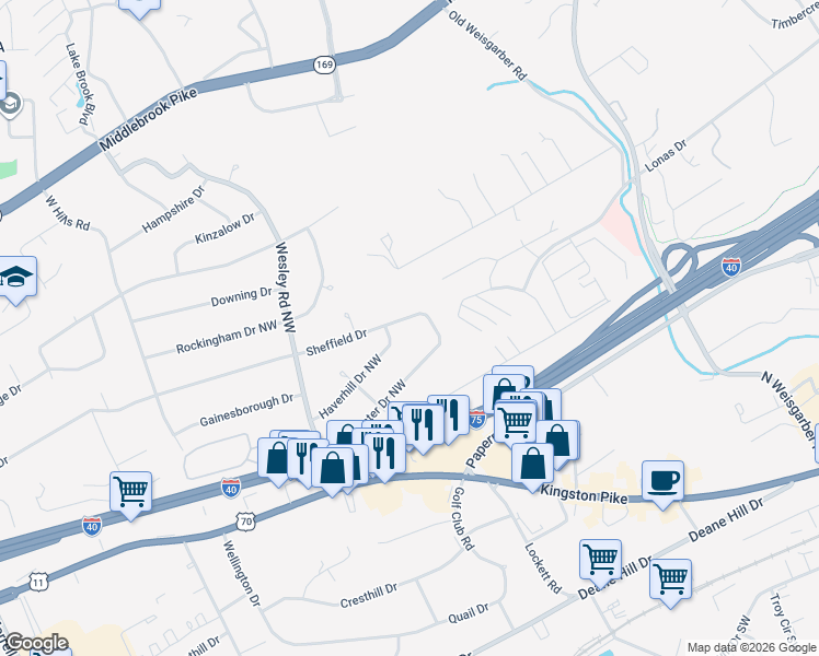 map of restaurants, bars, coffee shops, grocery stores, and more near 6808 Sheffield Drive in Knoxville
