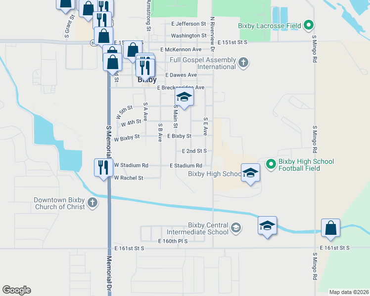 map of restaurants, bars, coffee shops, grocery stores, and more near 206 East 2nd Street South in Bixby