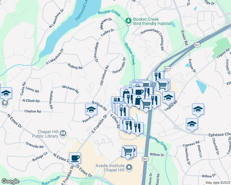 map of restaurants, bars, coffee shops, grocery stores, and more near 301 Old Franklin Grove Drive in Chapel Hill