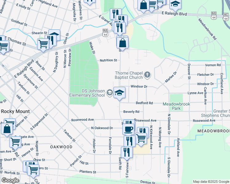 map of restaurants, bars, coffee shops, grocery stores, and more near 600 North Fairview Road in Rocky Mount