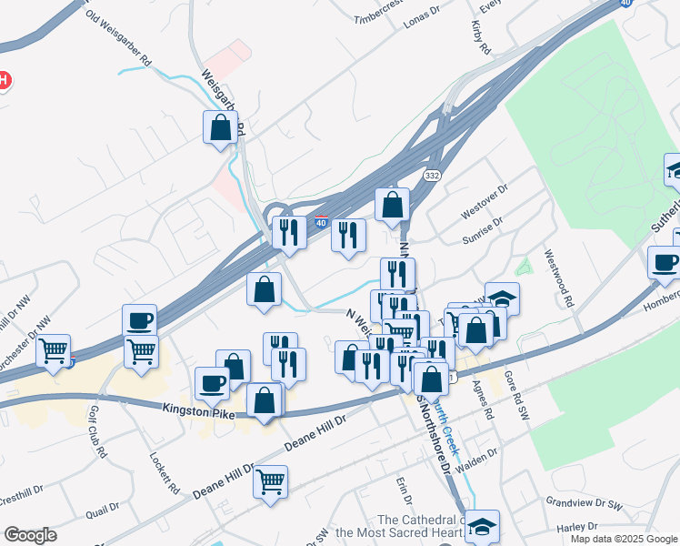 map of restaurants, bars, coffee shops, grocery stores, and more near 6014 Brookvale Lane in Knoxville