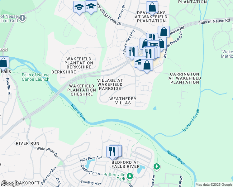 map of restaurants, bars, coffee shops, grocery stores, and more near 2370 Spruce Shadows Lane in Raleigh