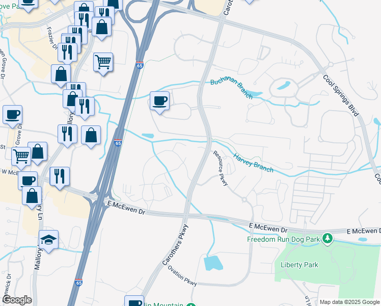 map of restaurants, bars, coffee shops, grocery stores, and more near in Franklin