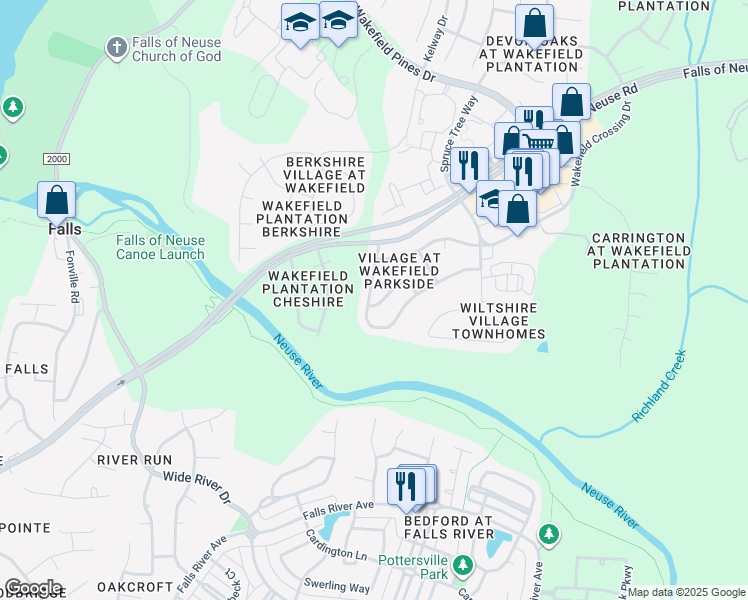map of restaurants, bars, coffee shops, grocery stores, and more near 2304 Spruce Shadows Lane in Raleigh