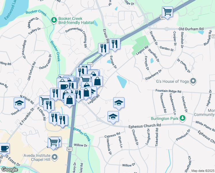 map of restaurants, bars, coffee shops, grocery stores, and more near 112 Turnberry Lane in Chapel Hill