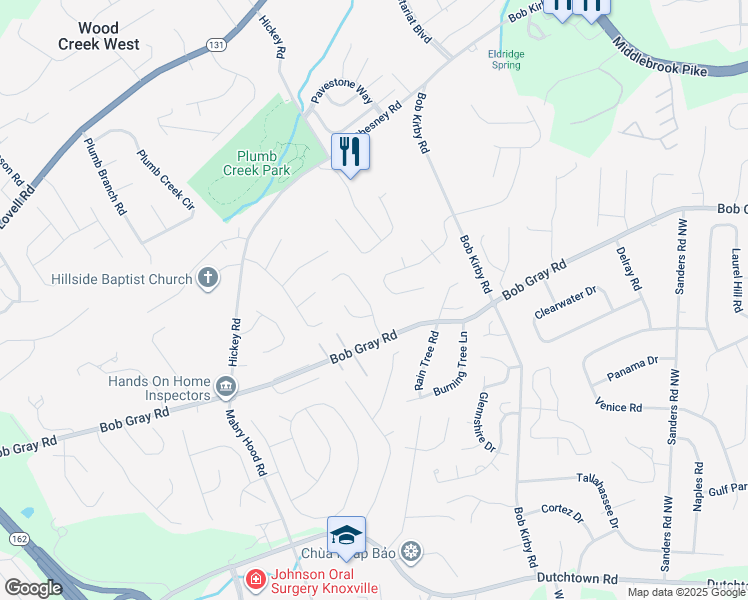 map of restaurants, bars, coffee shops, grocery stores, and more near 1317 Windamere Road in Knoxville