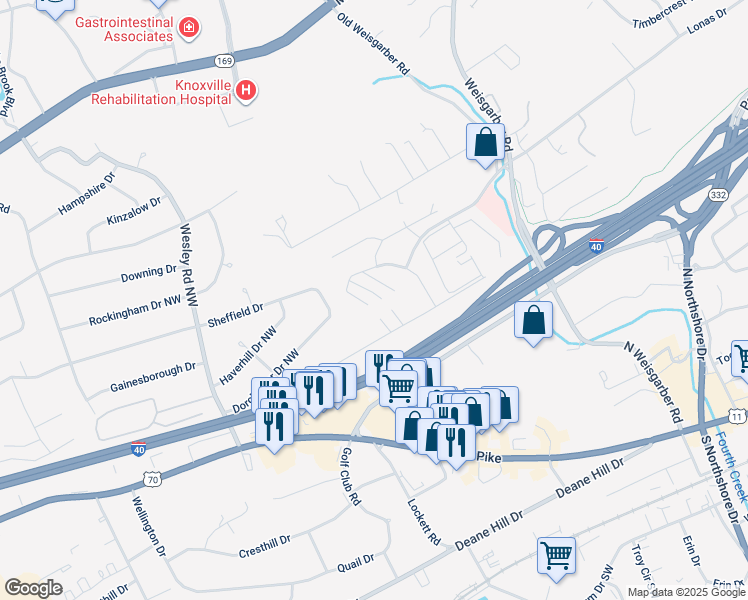 map of restaurants, bars, coffee shops, grocery stores, and more near 801 Gate Lane in Knoxville