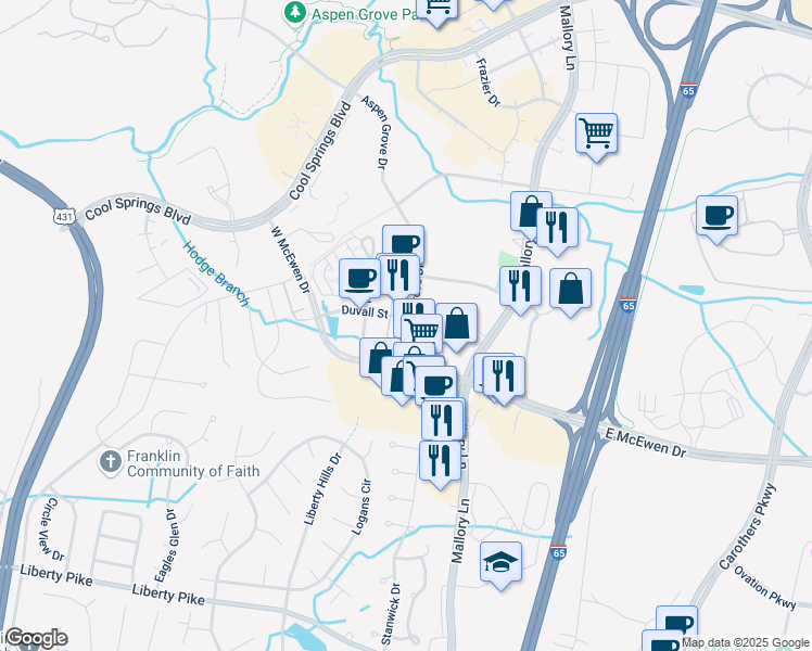 map of restaurants, bars, coffee shops, grocery stores, and more near 1130 W Mcewen Dr in Franklin