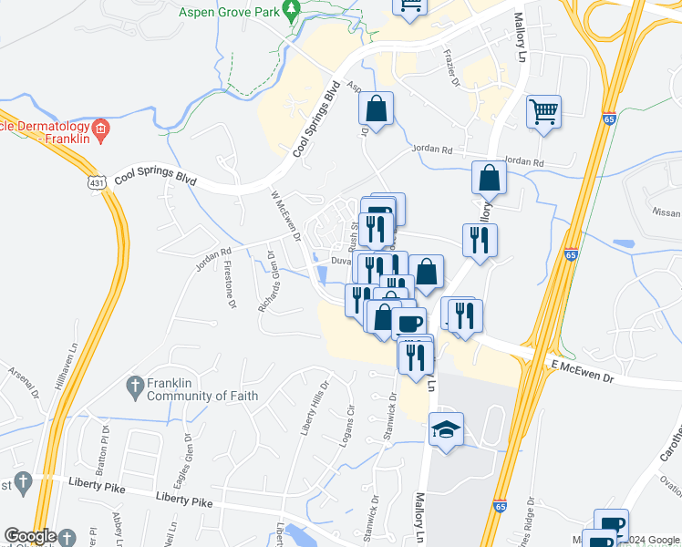 map of restaurants, bars, coffee shops, grocery stores, and more near 5011 Aspen Grove Drive in Franklin