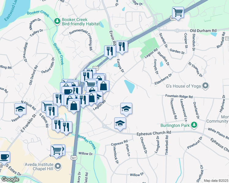 map of restaurants, bars, coffee shops, grocery stores, and more near 112 Turnberry Lane in Chapel Hill