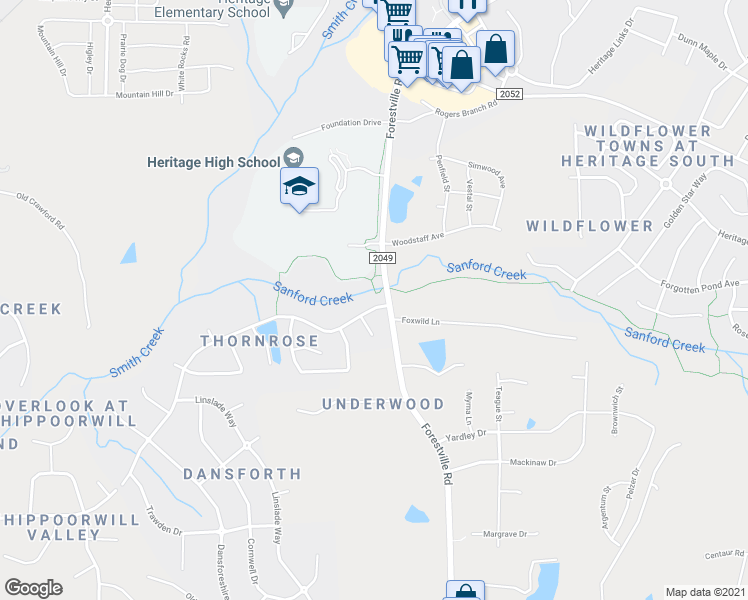 map of restaurants, bars, coffee shops, grocery stores, and more near 4033 Song Sparrow Drive in Wake Forest