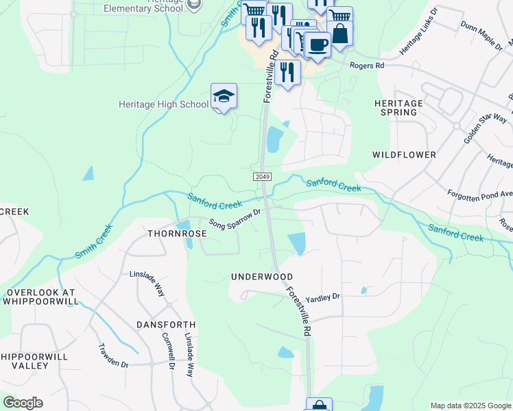 map of restaurants, bars, coffee shops, grocery stores, and more near 4033 Song Sparrow Drive in Wake Forest