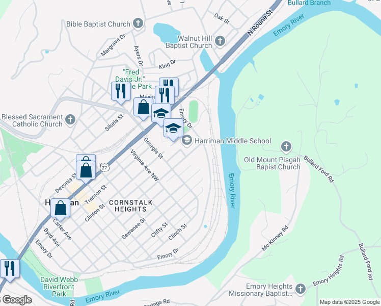 map of restaurants, bars, coffee shops, grocery stores, and more near 1025 Cumberland Street in Harriman