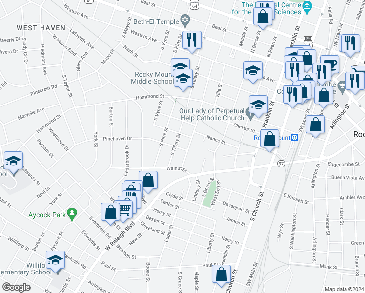 map of restaurants, bars, coffee shops, grocery stores, and more near 706 Pinehaven Drive in Rocky Mount